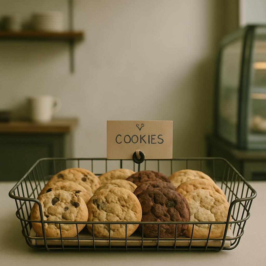 A wire basket filled with chocolate chip and double chocolate cookies sits on a table next to a display case.