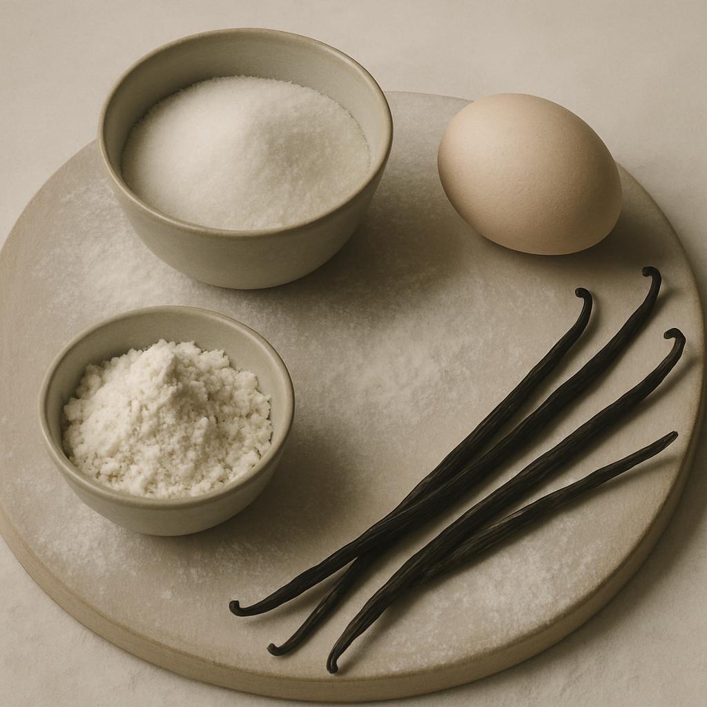 A flat stone mortar and pestle with sugar, two small bowls on the edge of the mortar holding white sugar and powdered whit...