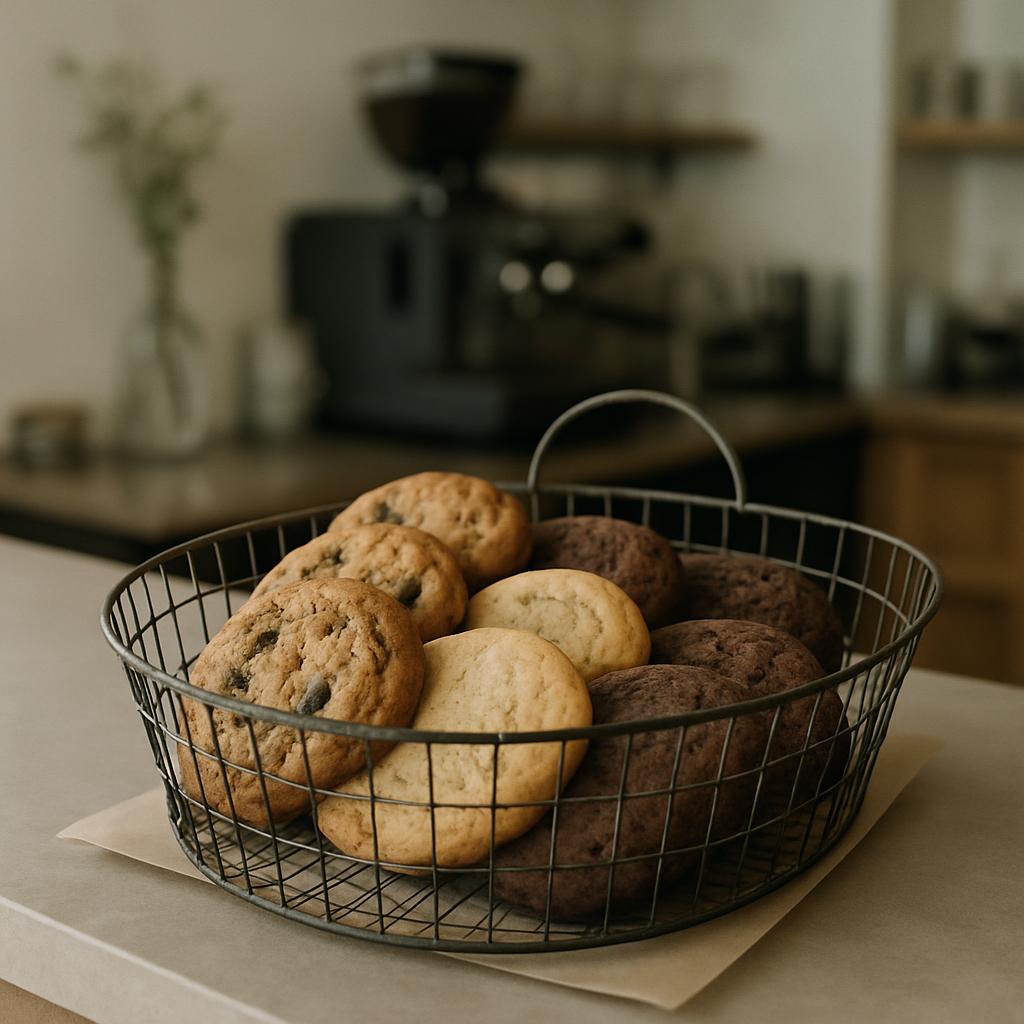 A basket of cookies on a kitchen counter in front of a coffee machine, with shelves in the background.